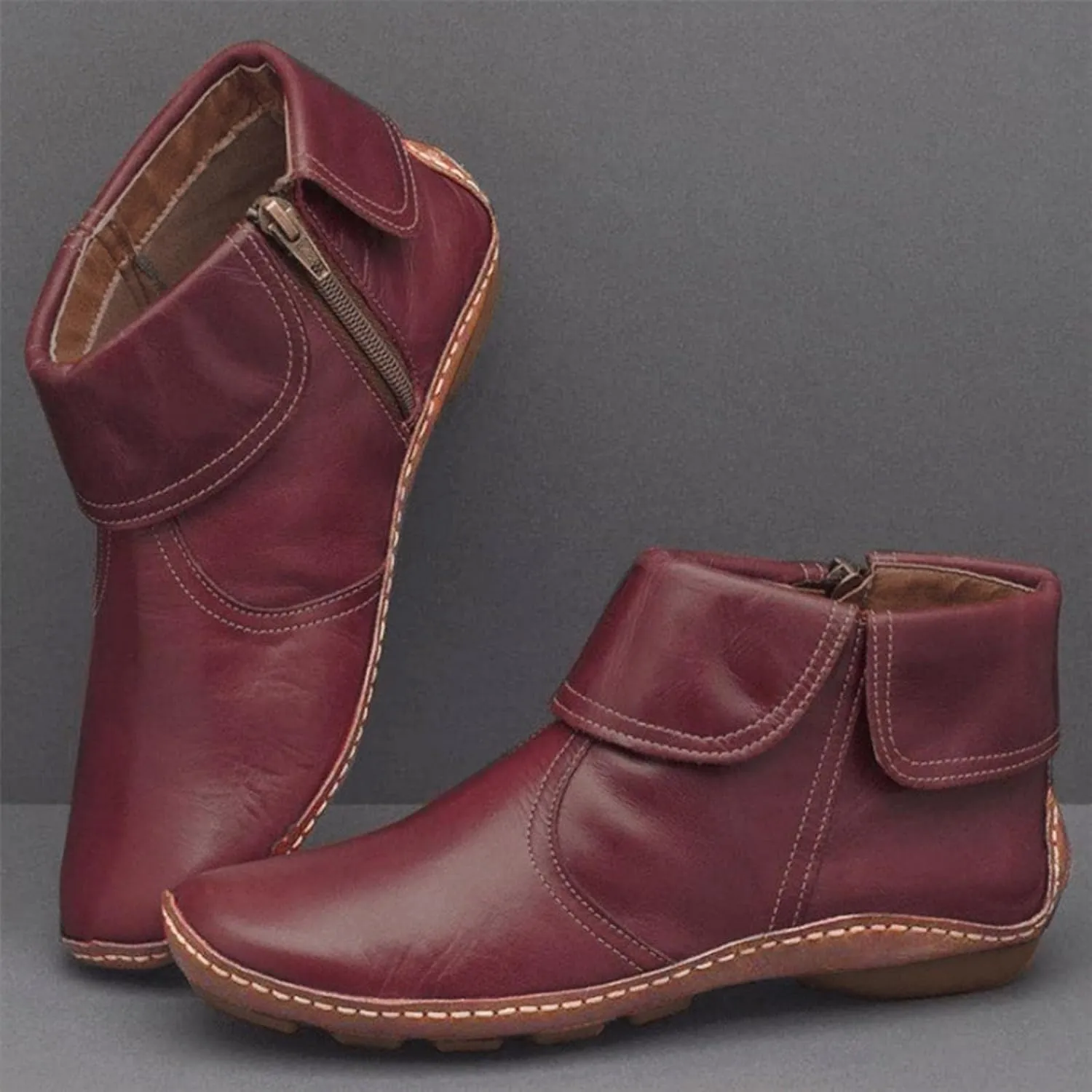 Ankle Booties for Women Flat Heel,Womens Ankle Boots Fashion Lace Up Side Zip Vintage Booties Low Heel Arch Support