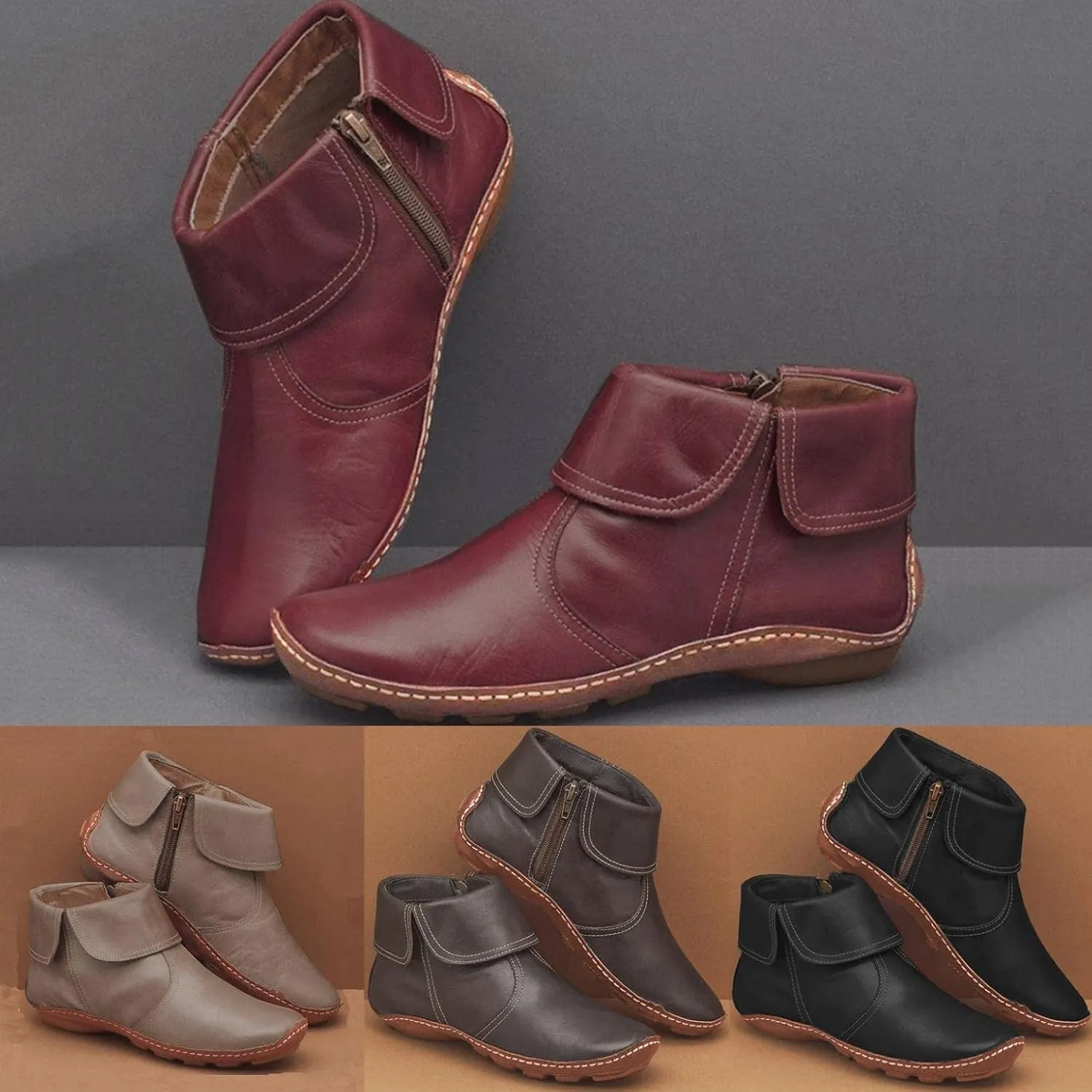 Ankle Booties for Women Flat Heel,Womens Ankle Boots Fashion Lace Up Side Zip Vintage Booties Low Heel Arch Support