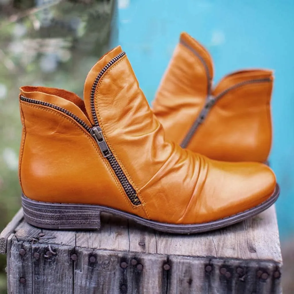 Cathalem Ankle Booties for Women,2024 New Arch Support Boots Side Zipper Vintage Leather Damping Shoes Flat Heel Booties