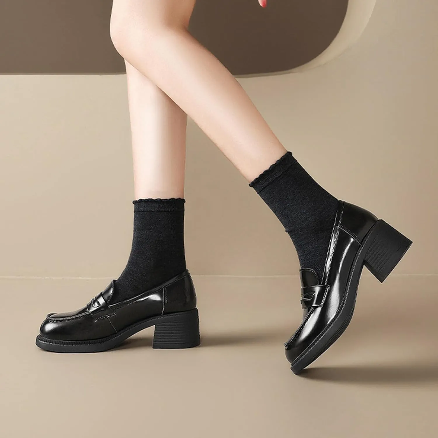 Chunky Platform Loafers for Women - Comfortable Slip-Ons with Thick Soles for Business Or Casual Wear, Fashionable Single Shoes with High Heels,Black-36