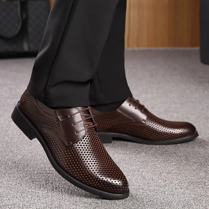 Classic Men's Leather Dress Shoes Comfortable Non-Slip Low Top Business Oxfords Shoes Summer Breathable Lace-up Derby Shoe