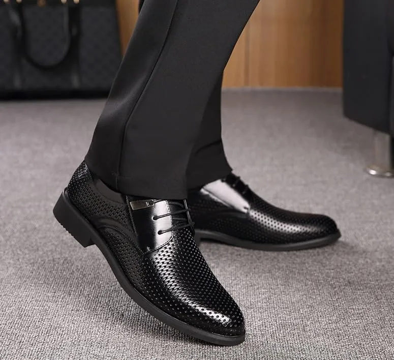 Classic Men's Leather Dress Shoes Comfortable Non-Slip Low Top Business Oxfords Shoes Summer Breathable Lace-up Derby Shoe