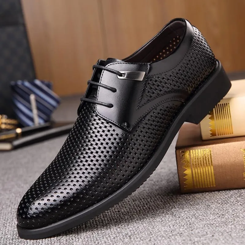 Classic Men's Leather Dress Shoes Comfortable Non-Slip Low Top Business Oxfords Shoes Summer Breathable Lace-up Derby Shoe
