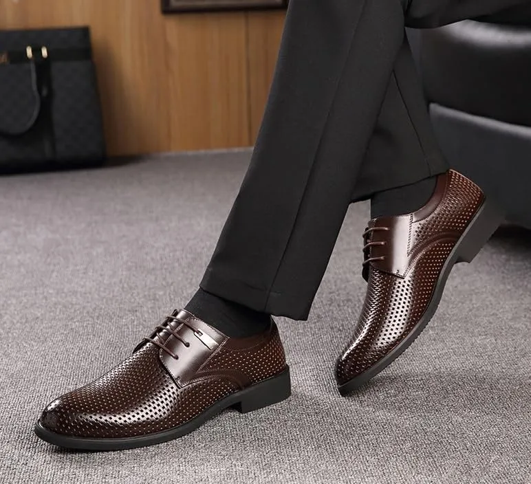 Classic Men's Leather Dress Shoes Comfortable Non-Slip Low Top Business Oxfords Shoes Summer Breathable Lace-up Derby Shoe