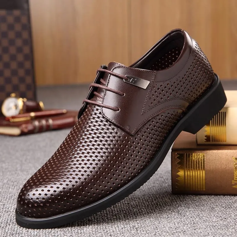 Classic Men's Leather Dress Shoes Comfortable Non-Slip Low Top Business Oxfords Shoes Summer Breathable Lace-up Derby Shoe