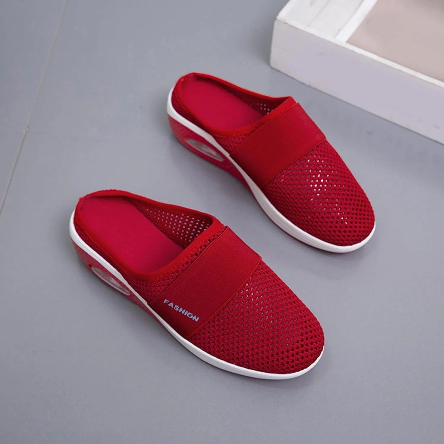 Diabetic Air-Cushion Slip-On Walking Shoes Summer Backless Walking Mules Orthopedic Diabetic Slippers Breathable Mesh Air Cushion Shoe Open Back Slip On Shoe Lightweight Slippers with Arch-Support