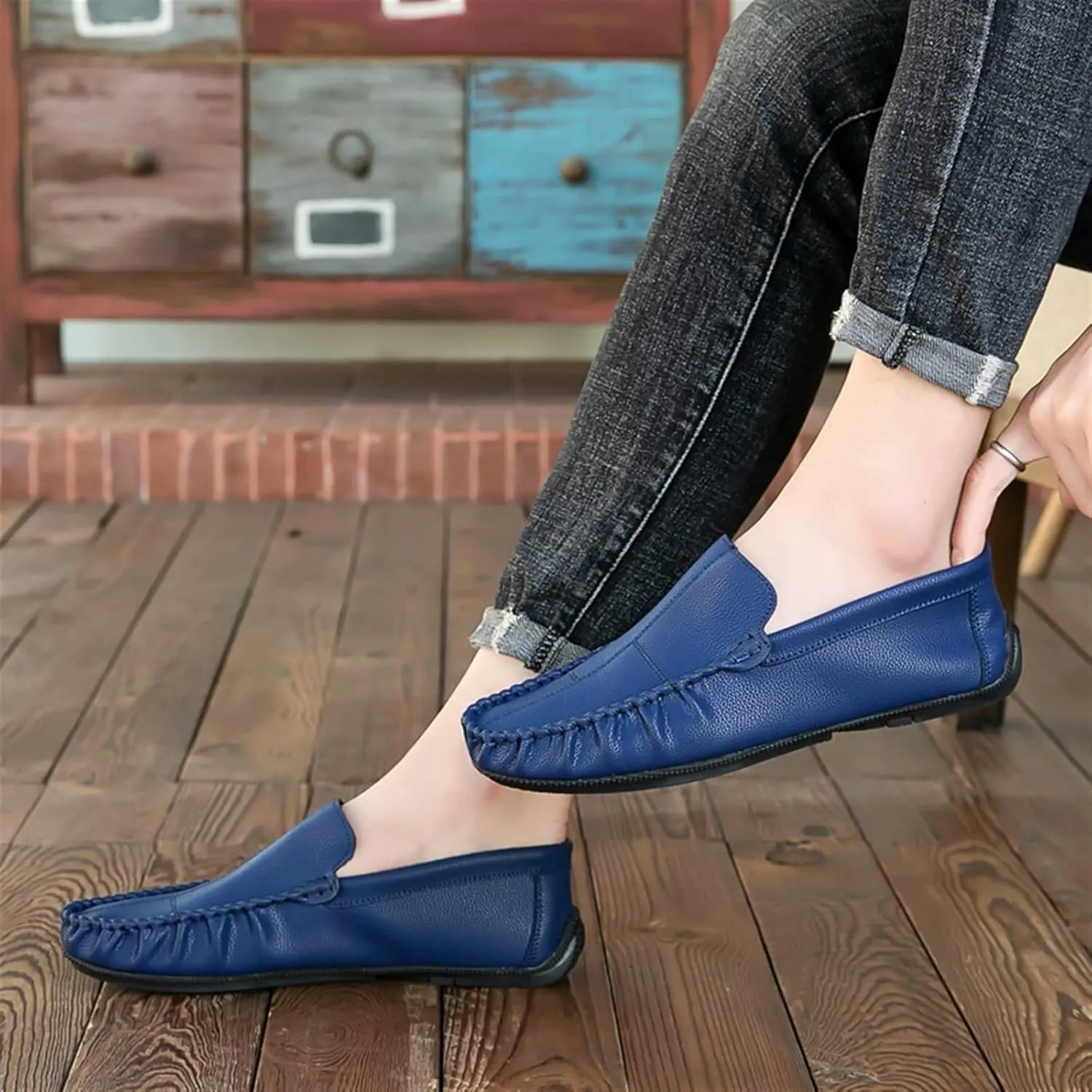 Driving Moccasins for Men Stitching Details Slip On Moccasins Shoes Vegan Leather Anti-Slip Resistant Flat Heel Driving Slip On for Any Attire
