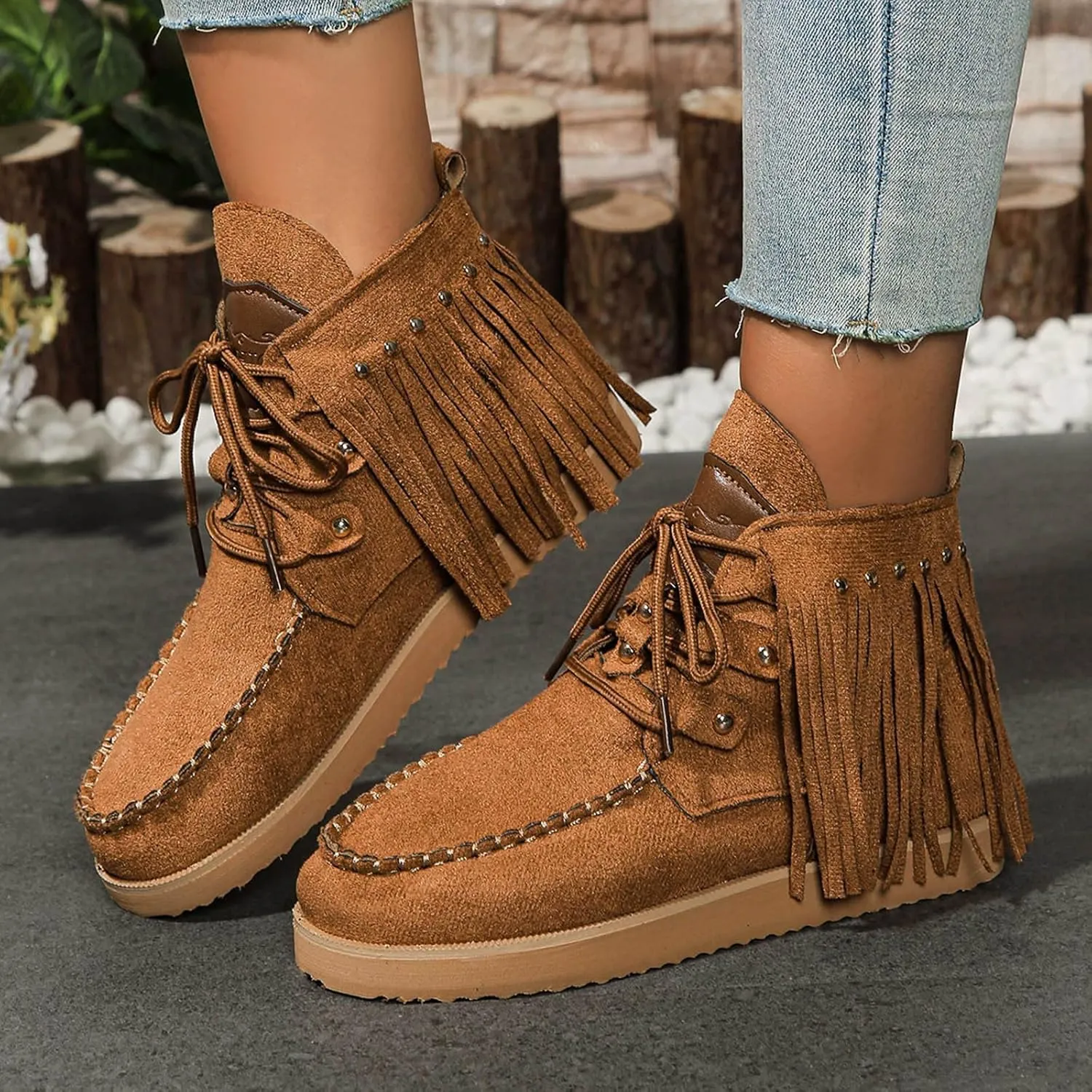 Flat Heel Round Toe Ankle Boots for Women Suede Leather Lace Up Tassel Short Boot Comfy Soft Casual Trendy Booties