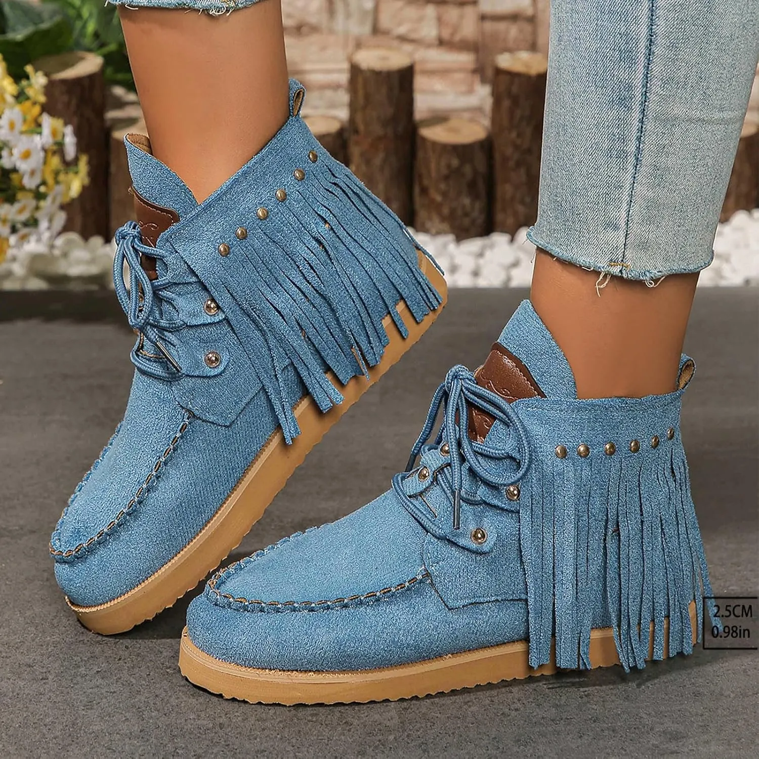 Flat Heel Round Toe Ankle Boots for Women Suede Leather Lace Up Tassel Short Boot Comfy Soft Casual Trendy Booties