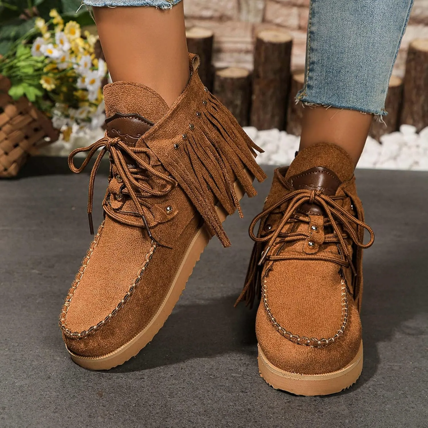 Flat Heel Round Toe Ankle Boots for Women Suede Leather Lace Up Tassel Short Boot Comfy Soft Casual Trendy Booties