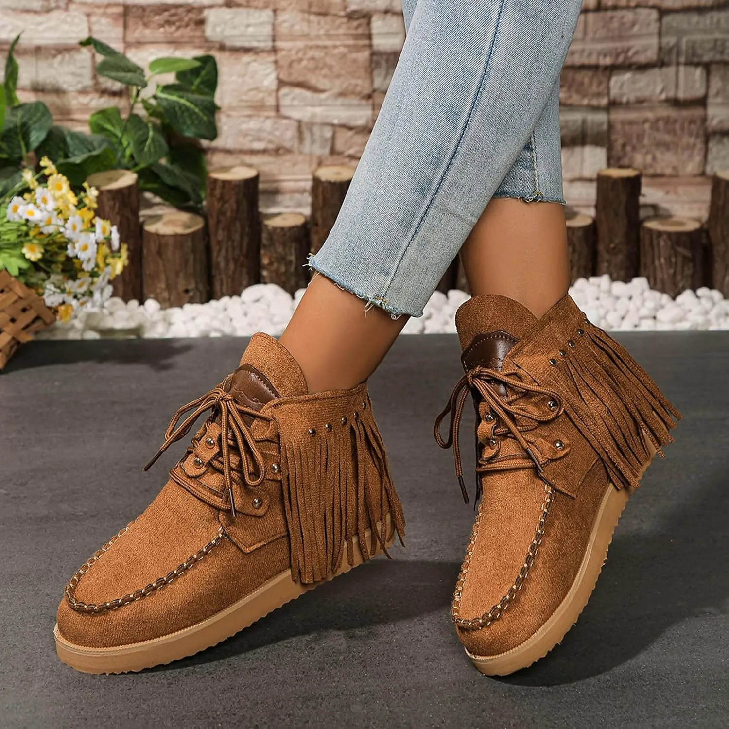 Flat Heel Round Toe Ankle Boots for Women Suede Leather Lace Up Tassel Short Boot Comfy Soft Casual Trendy Booties