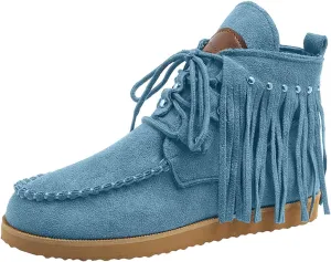 Flat Heel Round Toe Ankle Boots for Women Suede Leather Lace Up Tassel Short Boot Comfy Soft Casual Trendy Booties