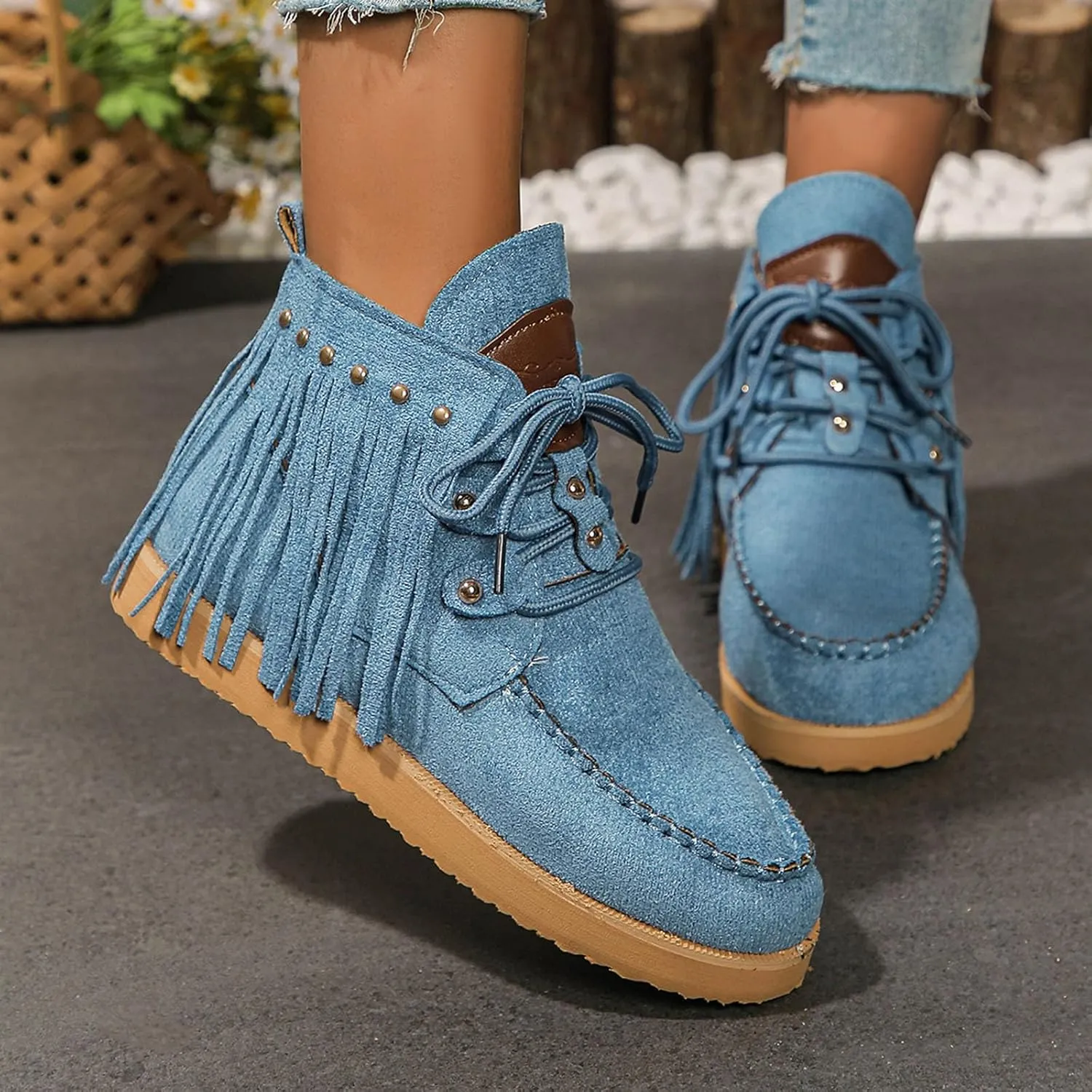 Flat Heel Round Toe Ankle Boots for Women Suede Leather Lace Up Tassel Short Boot Comfy Soft Casual Trendy Booties