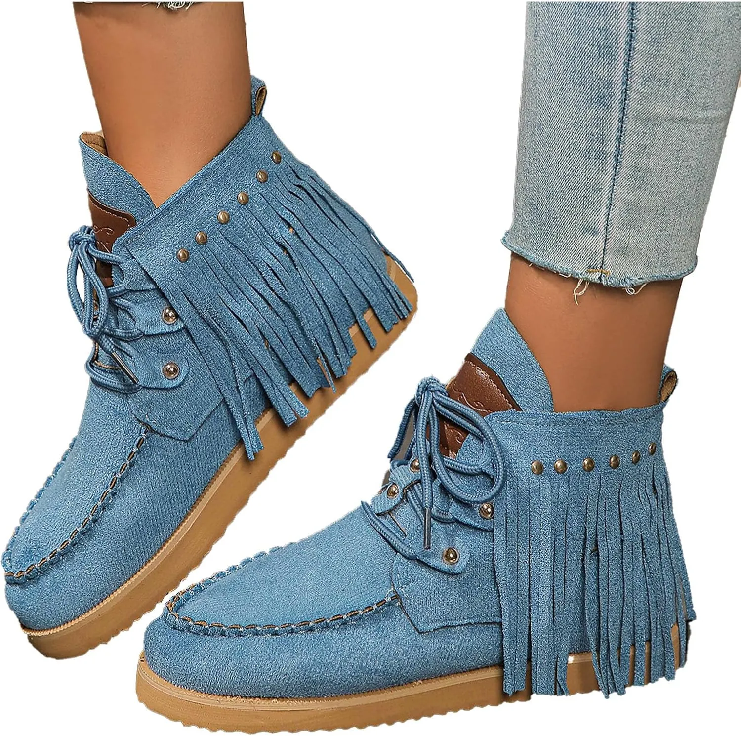 Flat Heel Round Toe Ankle Boots for Women Suede Leather Lace Up Tassel Short Boot Comfy Soft Casual Trendy Booties