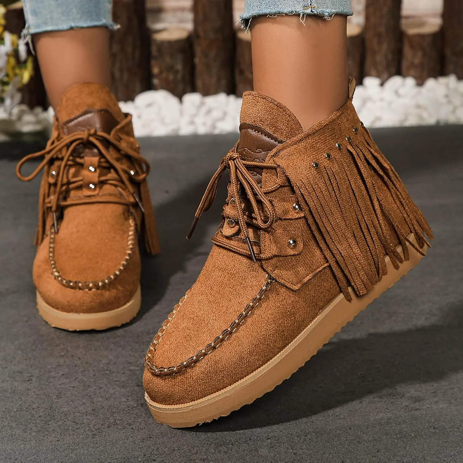 Flat Heel Round Toe Ankle Boots for Women Suede Leather Lace Up Tassel Short Boot Comfy Soft Casual Trendy Booties