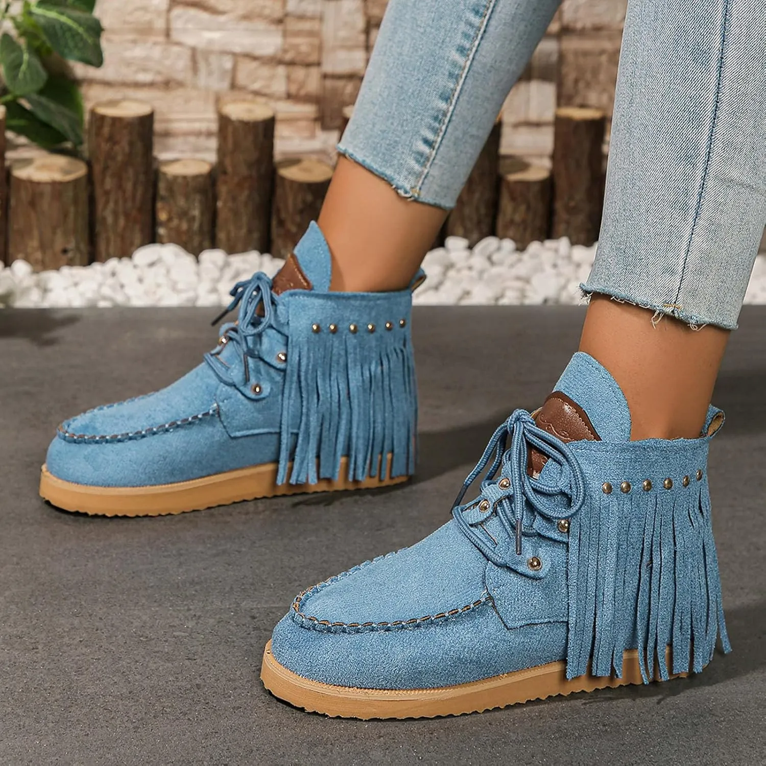 Flat Heel Round Toe Ankle Boots for Women Suede Leather Lace Up Tassel Short Boot Comfy Soft Casual Trendy Booties