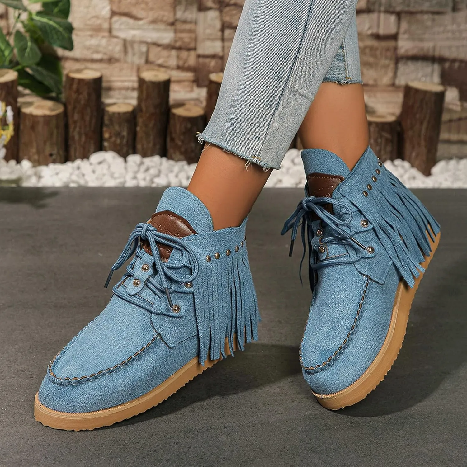 Flat Heel Round Toe Ankle Boots for Women Suede Leather Lace Up Tassel Short Boot Comfy Soft Casual Trendy Booties