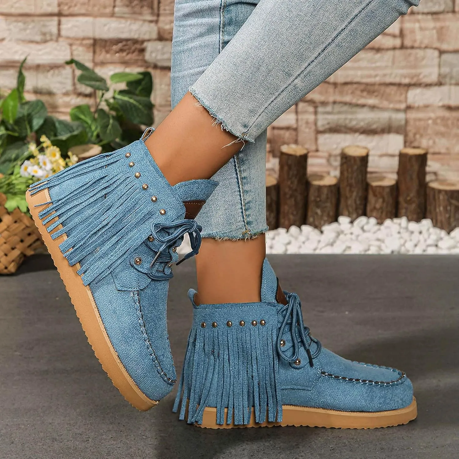 Flat Heel Round Toe Ankle Boots for Women Suede Leather Lace Up Tassel Short Boot Comfy Soft Casual Trendy Booties