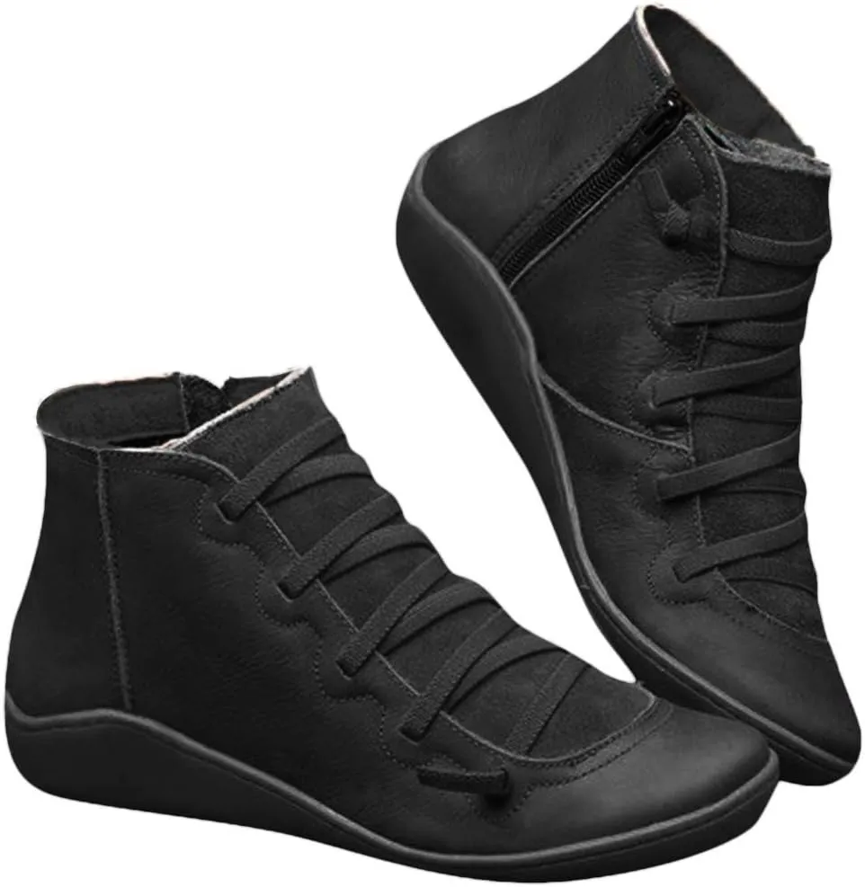 Gibobby Ankle Booties for Women Flat Heel,New Arch Support Ankle Boots Damping Shoes Lace-up Boots Side Zipper Booties