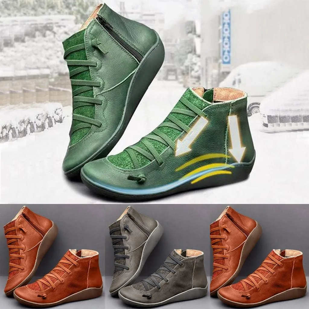 Gibobby Ankle Booties for Women Flat Heel,New Arch Support Ankle Boots Damping Shoes Lace-up Boots Side Zipper Booties