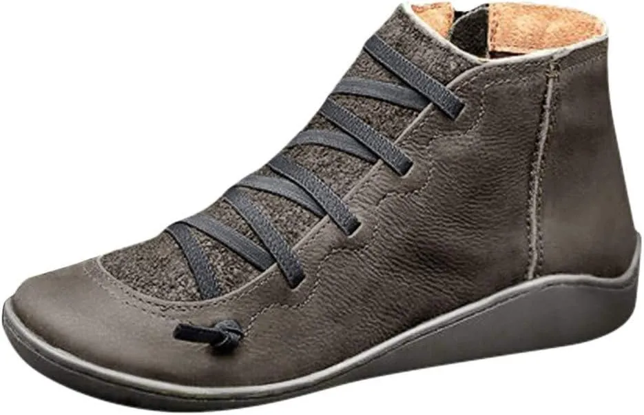 Gibobby Ankle Booties for Women Flat Heel,New Arch Support Ankle Boots Damping Shoes Lace-up Boots Side Zipper Booties