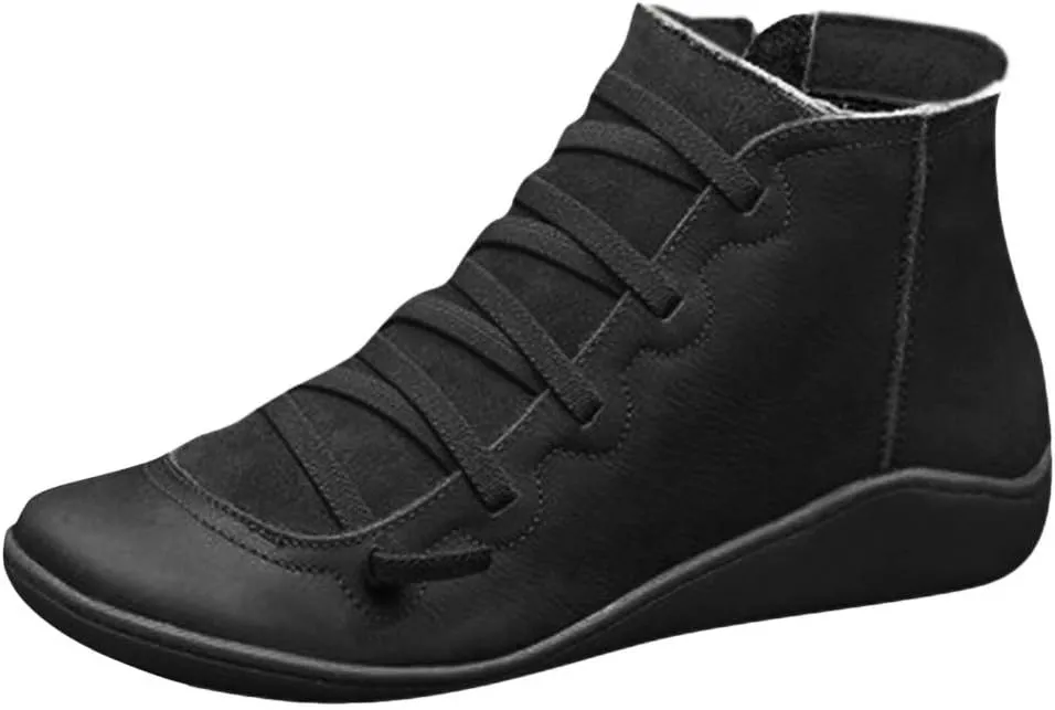 Gibobby Ankle Booties for Women Flat Heel,New Arch Support Ankle Boots Damping Shoes Lace-up Boots Side Zipper Booties