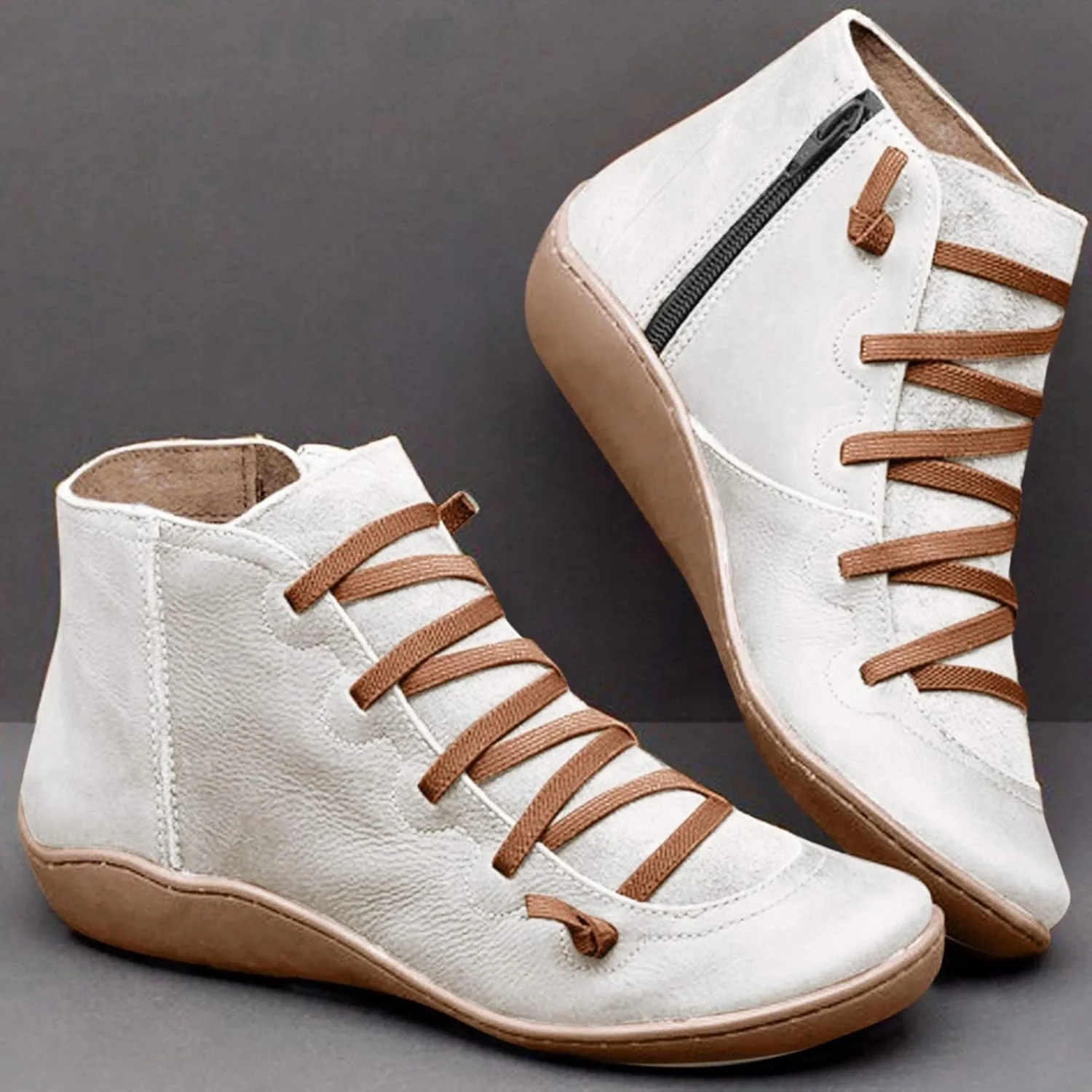 Gibobby Ankle Booties for Women Flat Heel,New Arch Support Ankle Boots Damping Shoes Lace-up Boots Side Zipper Booties