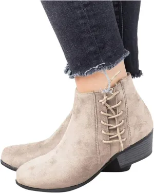 Gibobby Ankle Boots for Women Low Heel,Ankle Booties Round Toe Faux Stacked Chunky Heel Side Lace Up Short Winter Booties