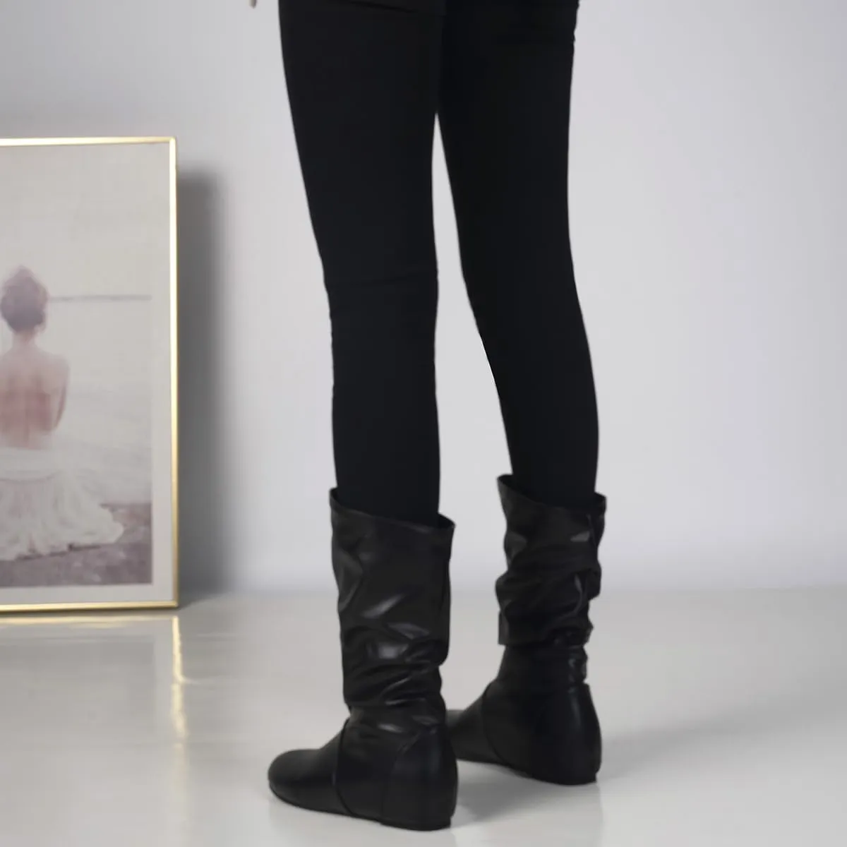 Hidden Heel Faux Leather Slouch Boots Round Toe Pleated Casual Mid Calf Boots