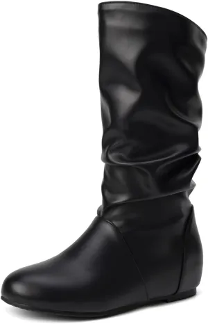 Hidden Heel Faux Leather Slouch Boots Round Toe Pleated Casual Mid Calf Boots