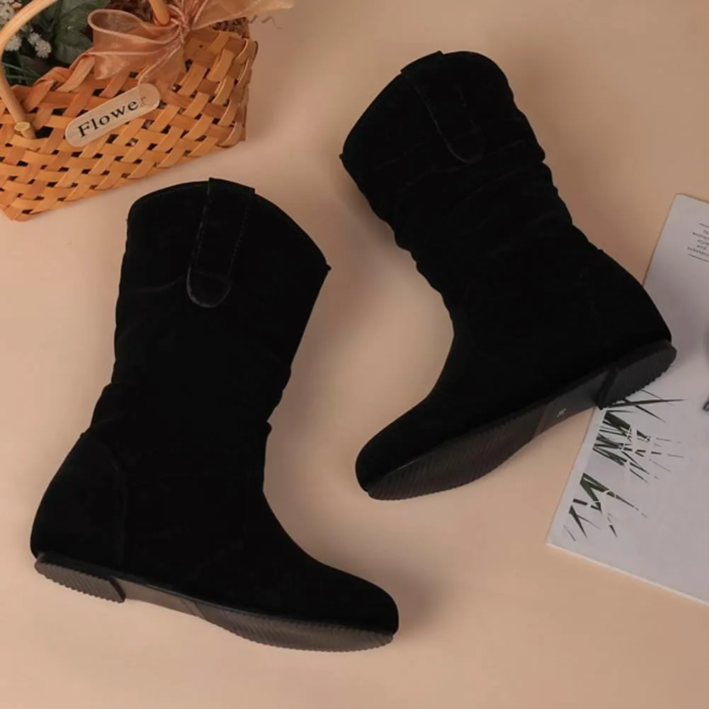 Hidden Heel Faux Leather Slouch Boots Round Toe Pleated Casual Mid Calf Boots