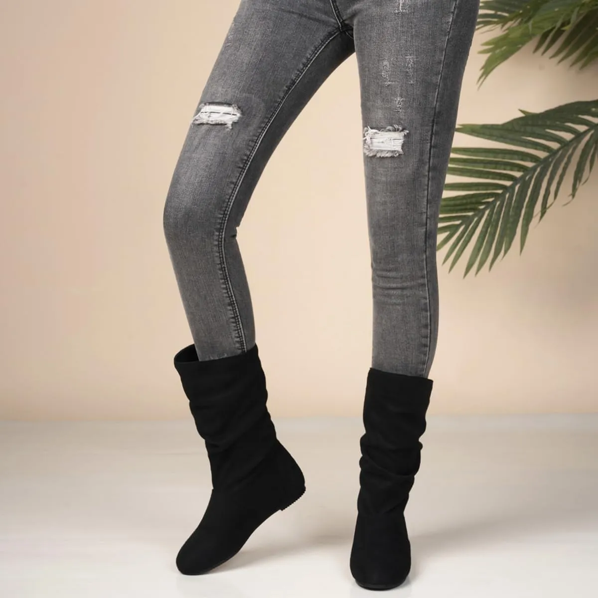 Hidden Heel Faux Leather Slouch Boots Round Toe Pleated Casual Mid Calf Boots