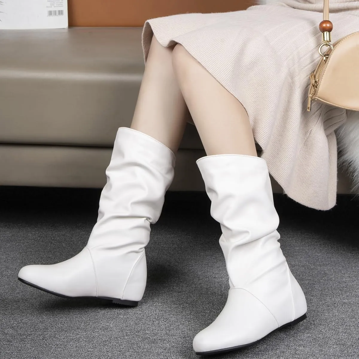 Hidden Heel Faux Leather Slouch Boots Round Toe Pleated Casual Mid Calf Boots