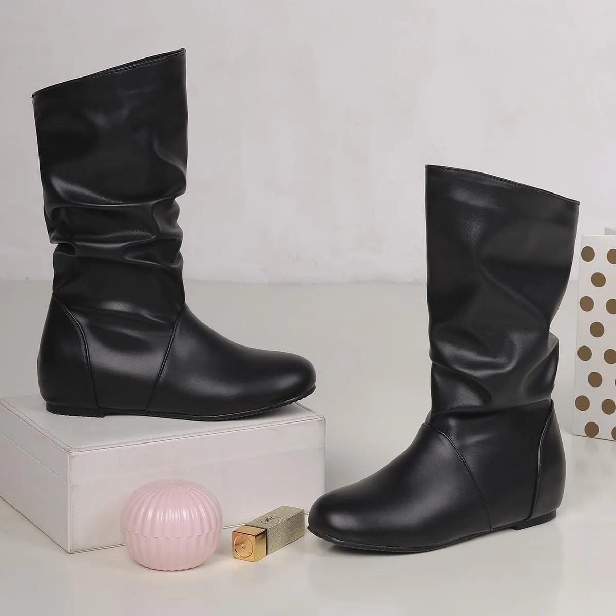 Hidden Heel Faux Leather Slouch Boots Round Toe Pleated Casual Mid Calf Boots