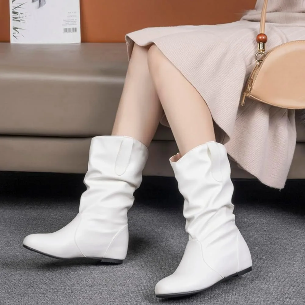 Hidden Heel Faux Leather Slouch Boots Round Toe Pleated Casual Mid Calf Boots
