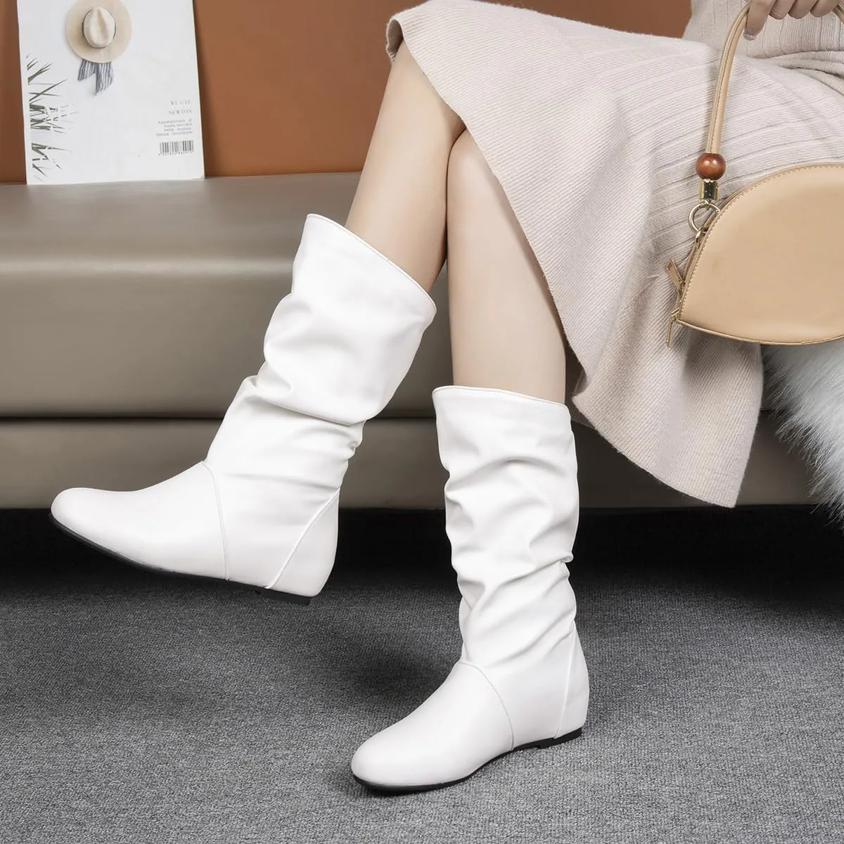 Hidden Heel Faux Leather Slouch Boots Round Toe Pleated Casual Mid Calf Boots