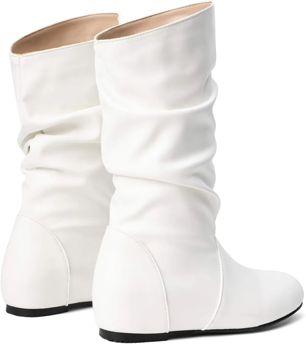 Hidden Heel Faux Leather Slouch Boots Round Toe Pleated Casual Mid Calf Boots