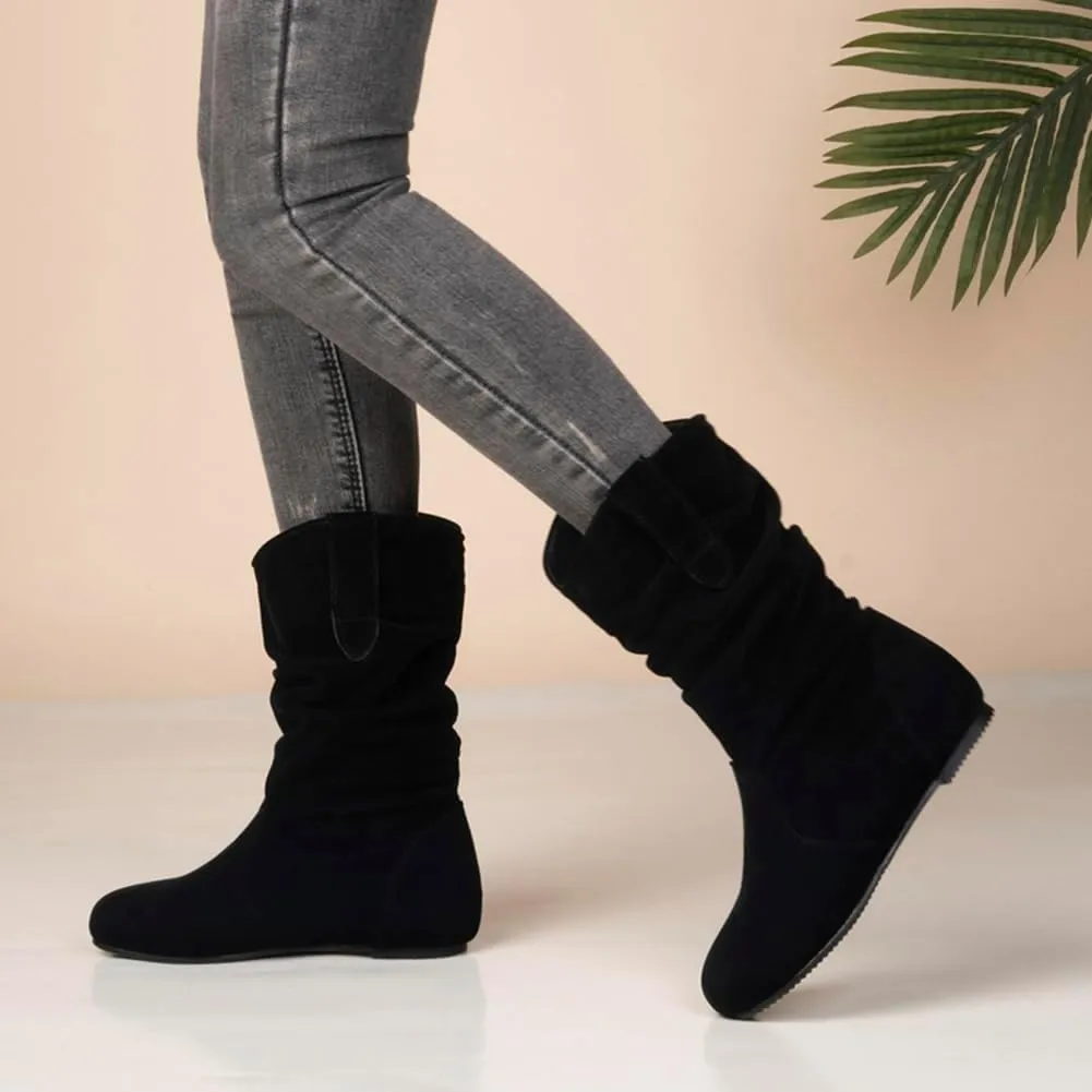 Hidden Heel Faux Leather Slouch Boots Round Toe Pleated Casual Mid Calf Boots