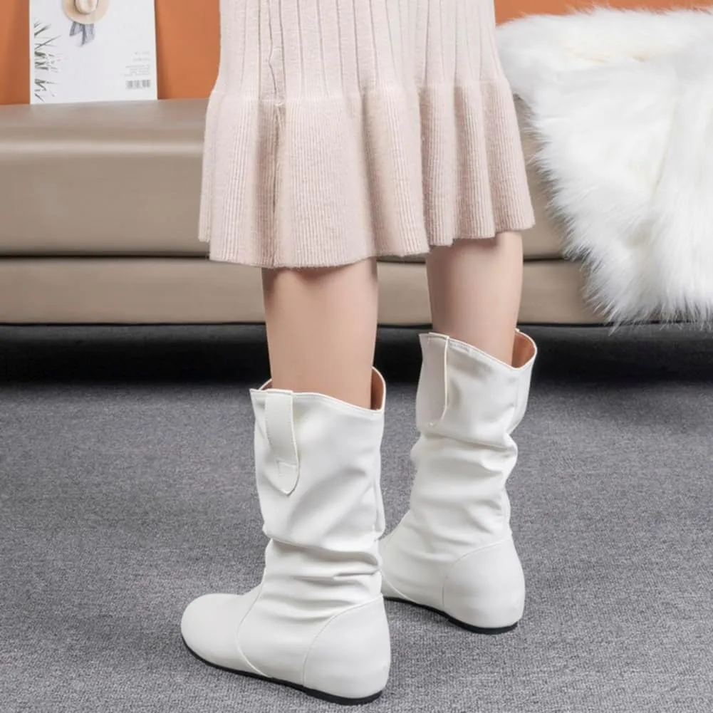 Hidden Heel Faux Leather Slouch Boots Round Toe Pleated Casual Mid Calf Boots