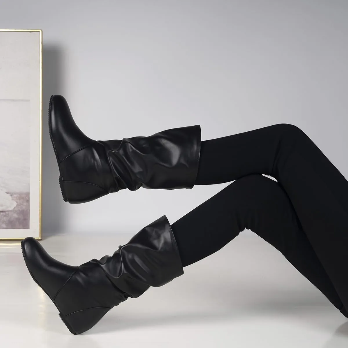 Hidden Heel Faux Leather Slouch Boots Round Toe Pleated Casual Mid Calf Boots