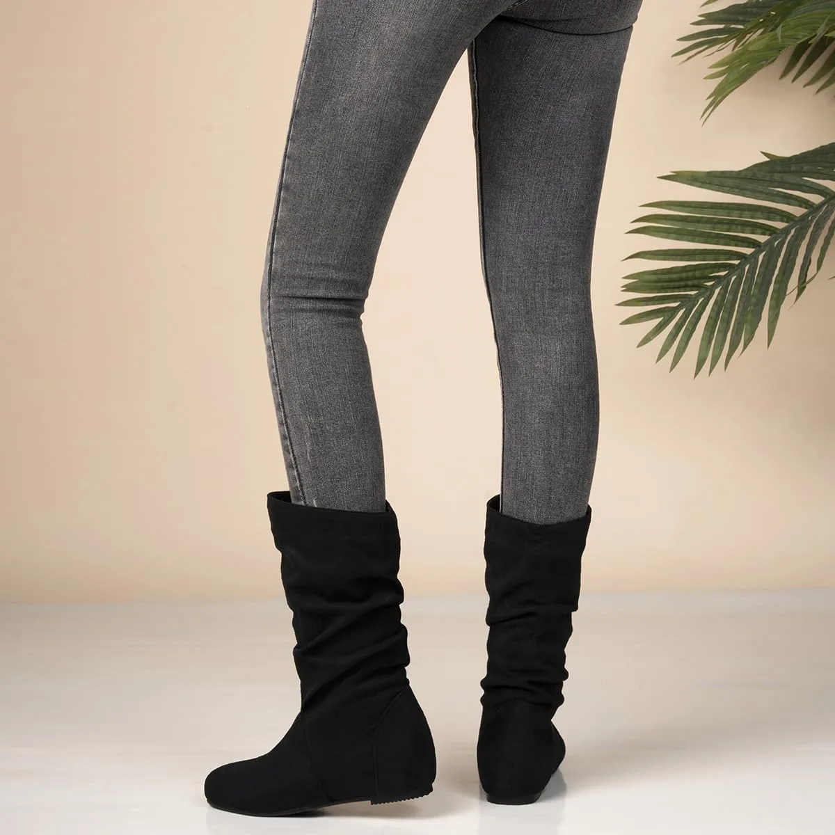 Hidden Heel Faux Leather Slouch Boots Round Toe Pleated Casual Mid Calf Boots