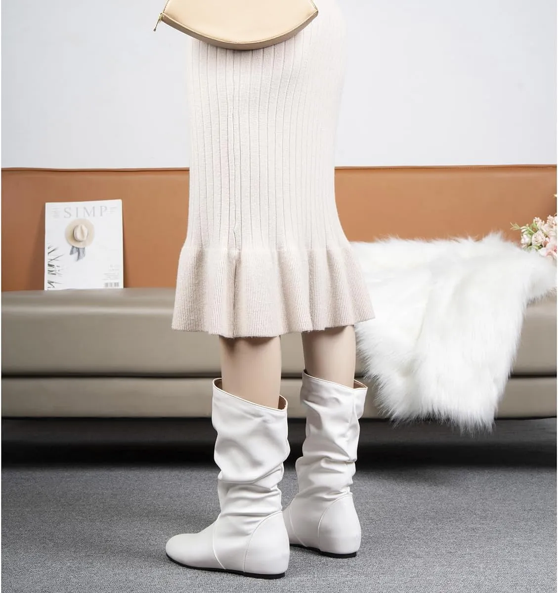 Hidden Heel Faux Leather Slouch Boots Round Toe Pleated Casual Mid Calf Boots
