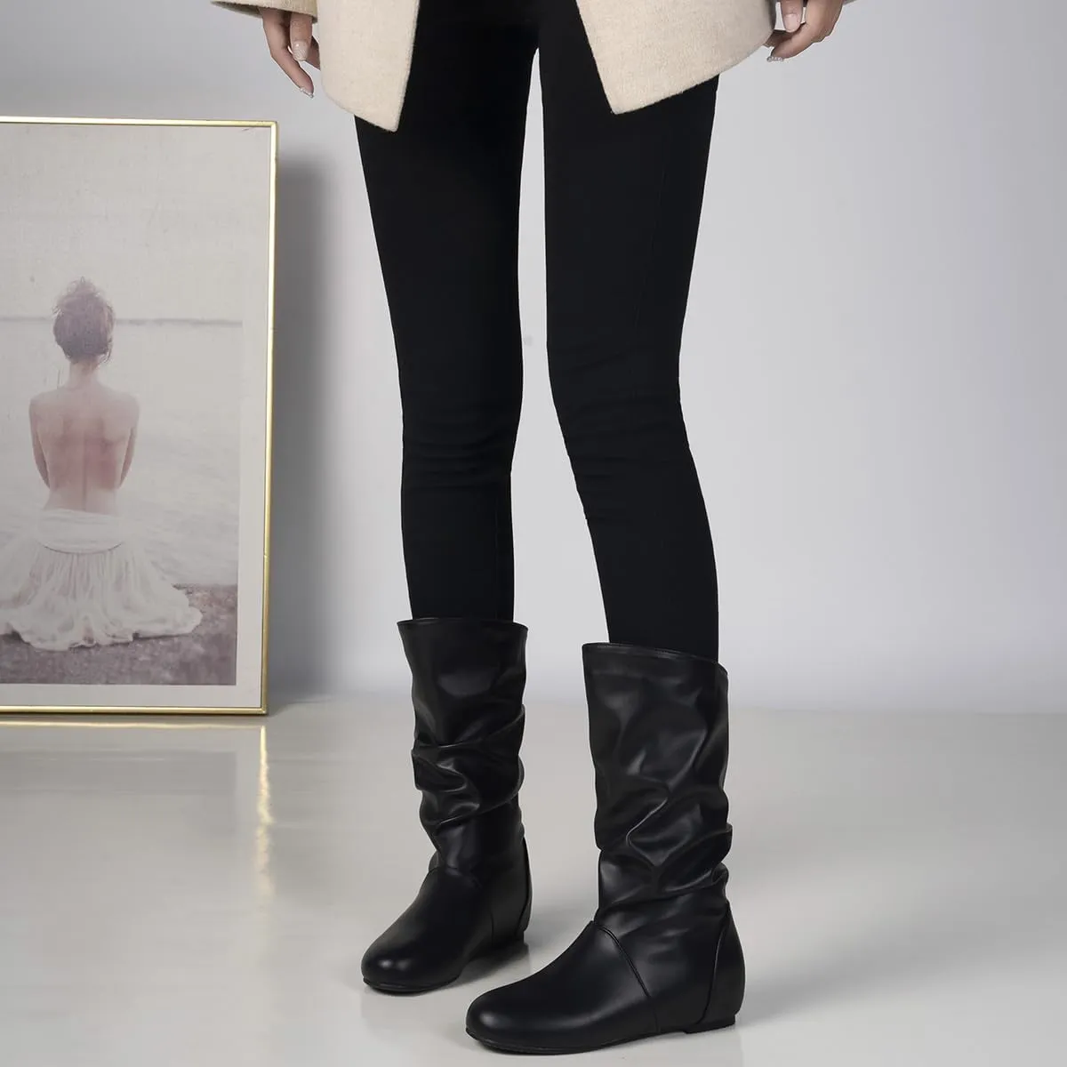 Hidden Heel Faux Leather Slouch Boots Round Toe Pleated Casual Mid Calf Boots