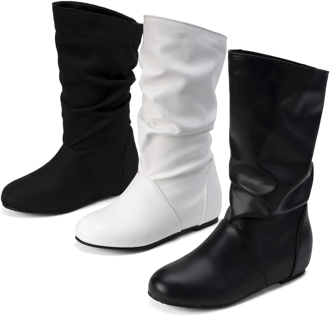 Hidden Heel Faux Leather Slouch Boots Round Toe Pleated Casual Mid Calf Boots