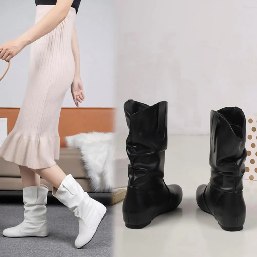 Hidden Heel Faux Leather Slouch Boots Round Toe Pleated Casual Mid Calf Boots