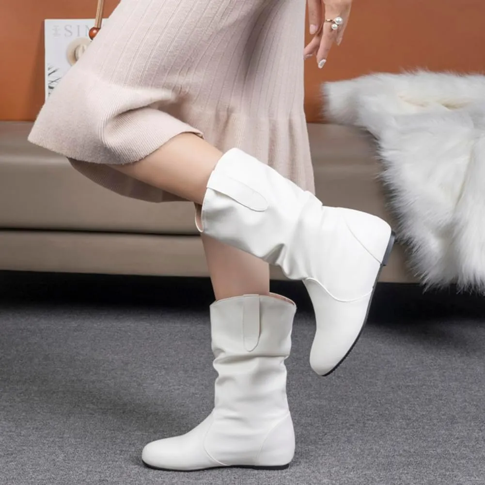 Hidden Heel Faux Leather Slouch Boots Round Toe Pleated Casual Mid Calf Boots