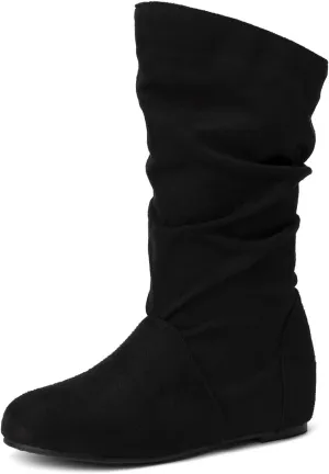Hidden Heel Faux Leather Slouch Boots Round Toe Pleated Casual Mid Calf Boots