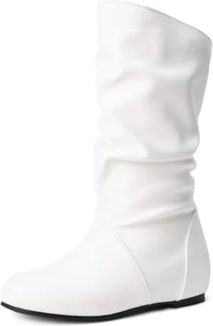 Hidden Heel Faux Leather Slouch Boots Round Toe Pleated Casual Mid Calf Boots