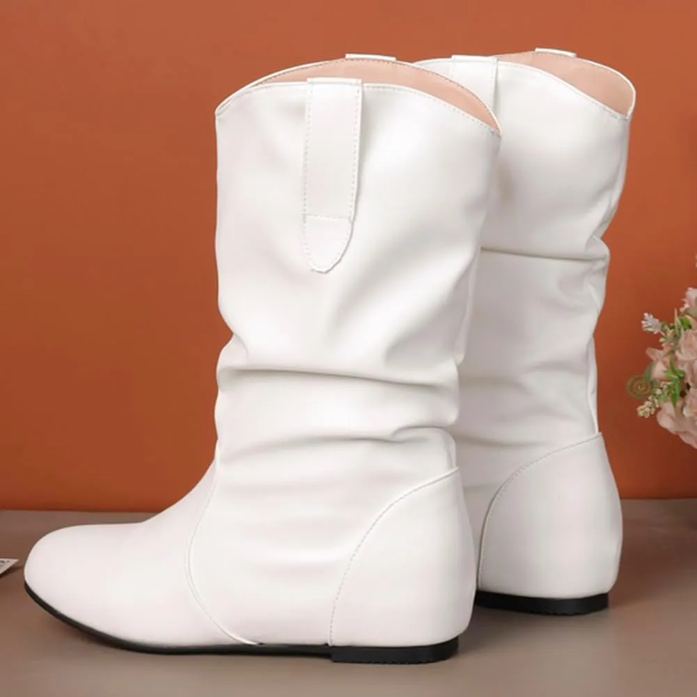 Hidden Heel Faux Leather Slouch Boots Round Toe Pleated Casual Mid Calf Boots
