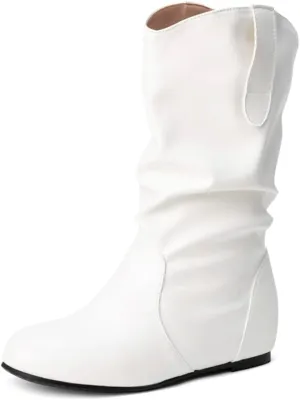 Hidden Heel Faux Leather Slouch Boots Round Toe Pleated Casual Mid Calf Boots